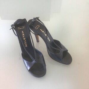 VTG Halston Navy Blue Leather Bow Slingback Heels Shoes 7 N Garolini Italy 70s
